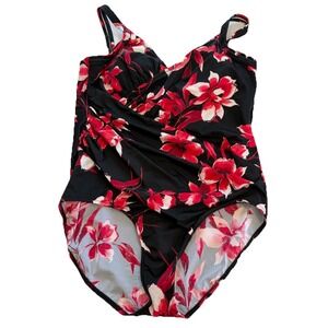 Miraclesuit Red Floral Ruched Soft Cup One Piece Swimsuit‎ Size 10 Slimming